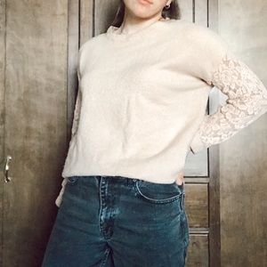 Clover + Scout Pink crew neck sweater with lace